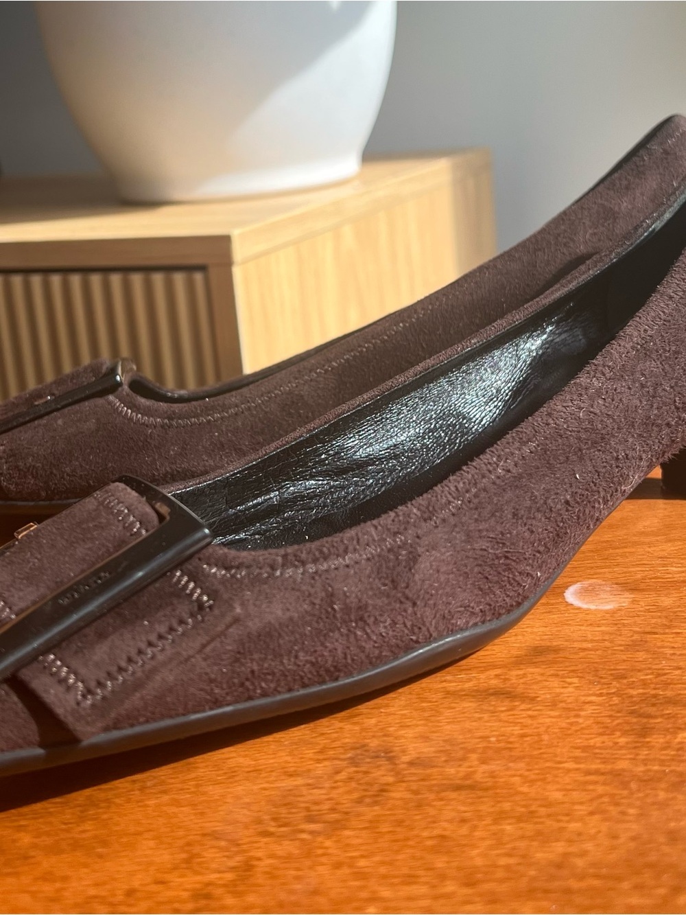 Prada Dark Brown Suede Square-Toe Low Heel Pumps